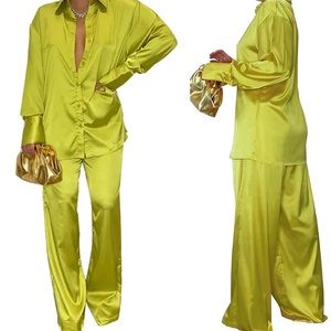 Women's YELLOW COMFORT LUXE Sateen Long Sleeve & WIDE LEG RESORT SET *NEW*